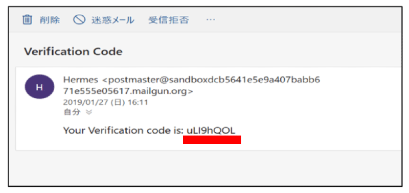 メールに記載の確認コード